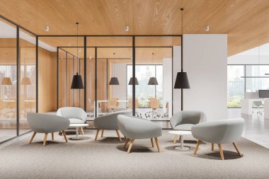 Ofisin içi koltuklu gevşek bölge. Cam konferans odası ve bilgisayar sıralarında sandalyelerle. Bangkok gökdelenlerinin panoramik penceresi. 3B görüntüleme