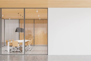 Cam döşeme ve koltuklarla iç içe geçmiş, zemin aydınlık beton. Tahta ve beyaz minimalist konferans odası. Boşluk duvarını kopyala. 3B görüntüleme