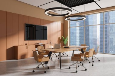 Konferans salonunun masa ve sandalyeli köşesi, televizyon ekranı ve dekoratif büfe. Minimalist toplantı odası. Singapur gökdelenlerinin panoramik penceresi. 3B görüntüleme 