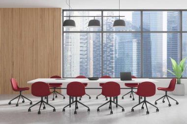 Kırmızı koltuklu bir konferans odası, beton zeminde dizüstü bilgisayarı olan bir toplantı panosu. Fabrikayla minimalist müzakere alanı. Singapur 'da panoramik pencere. 3B görüntüleme