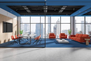 Şehir manzaralı, geniş pencereli modern bir ofis. Canlı turuncu sandalyeler ve mavi temalı zemin. Çağdaş çalışma ortamı kavramı. 3B Hazırlama.