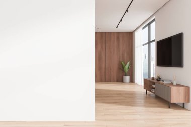 Ahşap döşemesi, duvarda televizyonu ve saksıda bitkisi olan modern bir oturma odasında boş bir duvar modeli. Tasarım, doğal ışık ile minimalist. 3B Hazırlama.