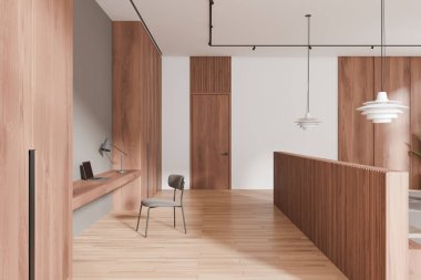 Ahşap ev yatak odasının içinde çalışma masası, sandalye, dolap ve ahşap zeminde aksan duvarı var. Modern dairede rahat, minimalist bir iş yeri. 3B görüntüleme