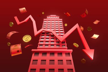 Düşen kırmızı oklar, madeni paralar ve hisse senedi düşüşü, banka binası. Ekonomik kriz, iflas ve durgunluk kavramı. 3B resimleme