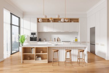 Bar adası ve taburesi olan klasik ev mutfağı, ahşap zemin üzerinde dolap. Singapur gökdelenlerinde panoramik pencereli yemek ve yemek odası. 3B görüntüleme