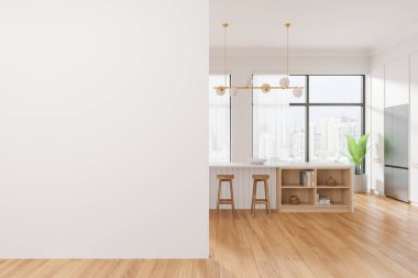 Bar adası, tabure ve ahşap zeminde buzdolabı olan klasik bir ev mutfağı. Yemek ve yemek odası, Singapur gökdelenlerinde panoramik pencere. 3B görüntüleme