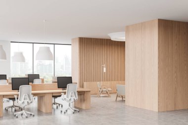 Ahşap ofis içi manzarası, masa başında bilgisayar, ortak çalışma ve bekleme alanı koltukları. Bangkok gökdelenlerinin panoramik penceresi. 3B görüntüleme