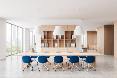 Şık ofis içi toplantı alanı, rahat alan, koltuklar ve raf bölümünün arkasında ortak çalışma alanı. Bangkok gökdelenlerinin panoramik penceresi. 3B görüntüleme