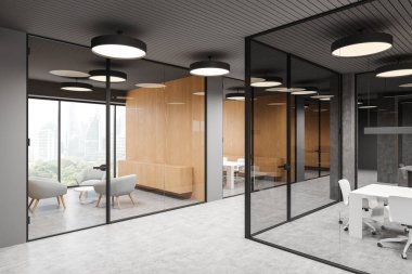 Cam konferans alanı, sandalye ve pansiyon olan sanayi ofisinin köşesi. Koltukları ve çekmeceleri olan bir dinlenme alanı. Bangkok gökdelenlerinin panoramik penceresi. 3B görüntüleme