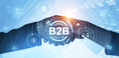 İş adamları el sıkışma silueti, çift pozlama b2b parlayan hologram hud ikonlar ve şehir manzaralı. Finansal pazarlama, iş dünyası ve İnternet ağı kavramı