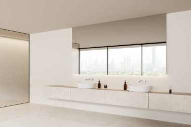 Çift lavabolu, aksesuarlı ve aynalı bej ev tuvaletinin köşesi. Bangkok 'ta panoramik pencere. Minimalist dairede hafif banyo alanı. 3B görüntüleme