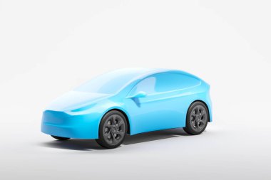 Pürüzsüz tasarımı ve koyu renk tekerlekleri olan mavi fütüristik araba modeli. Beyaz arkaplanda bir otomotiv kavramının 3 boyutlu yorumlanması