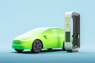 Mavi arka planda EV istasyonu olan soyut elektrikli araba. Melez gücü, alternatif yakıt ve gelecekteki şarj kavramı. 3B resimleme