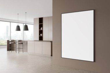 Bar adası, tabure ve beton zemin ile ev mutfağı manzarası. Gökdelenlerde süslemeli ve panoramik pencereli raflar. Duvar bölmesindeki tuval posterini taklit et. 3B görüntüleme