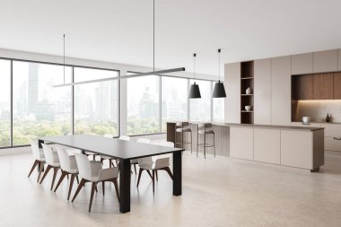 Bej mutfak manzarası, yemek masası ve sandalyeler. Bar tezgahı ve beton zeminde tabure. Bangkok gökdelenlerinde panoramik pencereli yemek dolabı. 3B görüntüleme