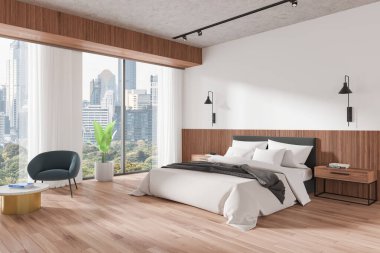 Ev yatak odası manzarası yatak odası, koltuk ve dekorasyonlu kahve masası. Rahatla ve evinde uyu. Bangkok gökdelenlerinin panoramik penceresi. 3B görüntüleme