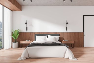Minimalist dizaynlı modern yatak odası. Ahşap aksanlı ve bitkili. Temiz çizgiler ve parlak bir arkaplanda nötr renkler. Çağdaş ev tasarımı kavramı. 3B Hazırlama