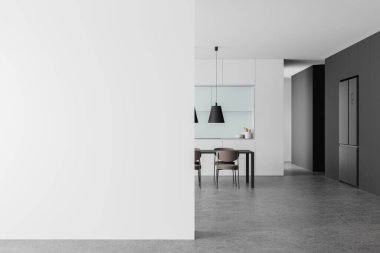 Lüks ev mutfağı, yemek masası ve sandalyeler. Yemek dolabı, buzdolabı, koridor ve beton zemin. Boş duvar bölmesini düzenle. 3B görüntüleme