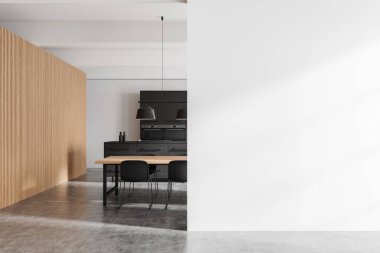 Ahşap ve beyaz mutfak, yemek masası ve sandalyeler, siyah bar adası ve mutfak gereçleri. Boş duvar bölmesini düzenle. 3B görüntüleme