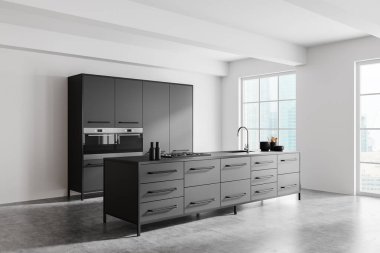 İçinde gösterişli dolaplar ve çekmeceleri olan büyük bir ada olan modern bir mutfak. Odanın geniş pencereleri ve temiz ve çağdaş bir görünümü vurgulayan minimalist bir tasarımı var. 3B Hazırlama