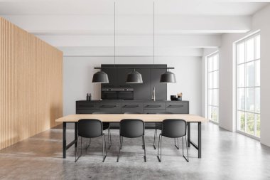 Ahşap ve beyaz mutfak, yemek masası ve sandalyeler, siyah bar adası ve mutfak gereçleri. Gökdelenlerin panoramik penceresi. 3B görüntüleme