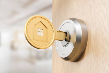 Metalik anahtar deliğinde ev sembolü olan altın ev anahtarı. Gayrimenkul, ipotek, eve taşınma, taşınma ya da yeni bir daire alma kavramı. 3B resimleme