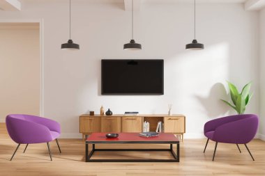 Renkli oturma odasının iç kısmı ahşap döşemede iki mor koltuk, televizyon ekranı ve süslemeli büfe. Modern dairede şık ve rahat bir yer. 3B görüntüleme