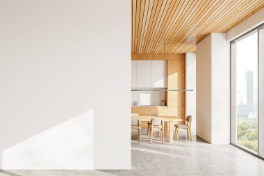 Ahşap ve beyaz mutfak. Yemek masası, sandalyeler, beton zemin. Mutfak gereçleriyle mutfak dolabı. Boş duvar bölmesini düzenle. 3B görüntüleme