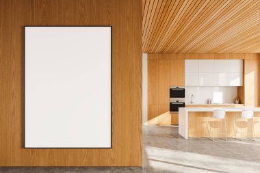 Ahşap ve beyaz ev mutfağı iç mekan bar adası ve koltuklar, beton zeminde mutfak gereçleri olan yemek dolabı. Duvar bölmesindeki tuval posterini taklit et. 3B görüntüleme