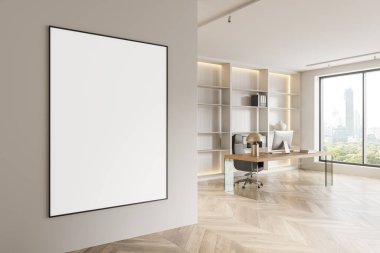 Ofis içi masası ve bilgisayar köşesi, Bangkok gökdelenlerinin panoramik penceresi. Raflı Ceo çalışma alanı. Bölüme uzay tuval posterini kopyala. 3B görüntüleme