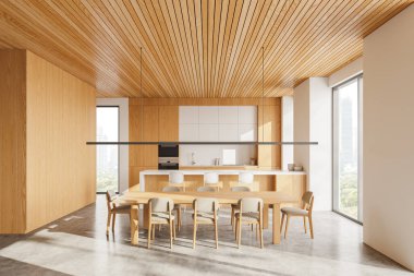 Ahşap ve beyaz mutfak. Yemek masası, bar adası ve dolabı var. Gökdelenlerde panoramik penceresi olan minimalist yemek ve yemek alanı. 3B görüntüleme