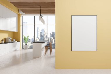 Tezgahı ve yemek alanı olan parlak bir bar, New York gökdelenlerinin panoramik manzarası. Sıraya dizilmiş koltukları yiyerek. Bölümdeki tuval posterini taklit et. 3B görüntüleme