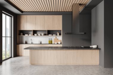 Ahşap dolaplar ve geniş pencereli ve minimalist dekorlu uyumlu bir adanın yer aldığı modern bir mutfak. Lüks ve ev tasarımı kavramı. 3B Hazırlama