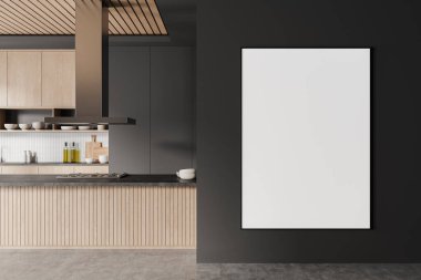 Ahşap dolaplar ve karanlık bir duvarla modern bir mutfak içinde boş bir poster modeli. Ev dekorasyonu ve tasarım kavramı. 3B Hazırlama