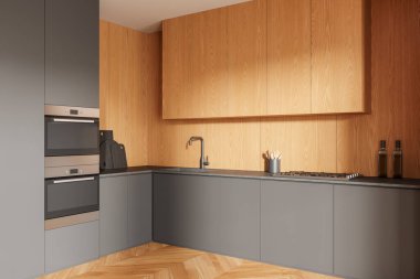 Ev mutfağı manzarası. Dolap, lavabo ve duvarla döşenmiş fırın, mutfak gereçleri. Ahşap zeminde lüks yemek alanı. 3B görüntüleme