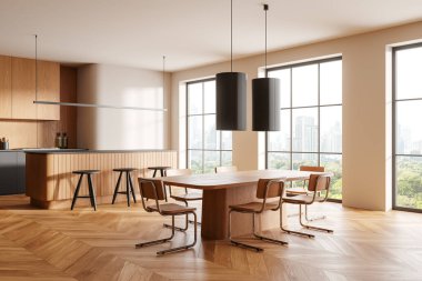 Ahşap dolapları, adası ve yemek masası olan geniş modern mutfak. Arka planda şehir manzaralı büyük pencereler. Çağdaş ev dekoru kavramı. 3B Hazırlama