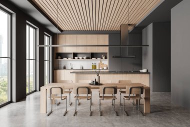 Geniş, modern mutfak içinde ahşap dolaplar, büyük bir yemek masası ve tavandan tavana pencereler var. Minimalist tasarım, temiz konsept. 3B Hazırlama