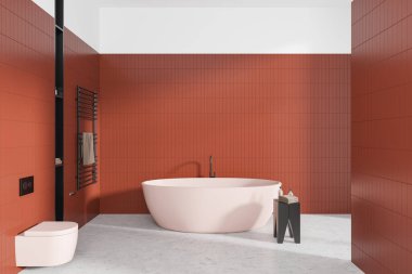 Kırmızı fayanslı banyo, pembe küvet ve yan masa, duvara asılı tuvalet ve havlu korkulukları, aksesuarlar. Modern dairede banyo alanı. 3B görüntüleme