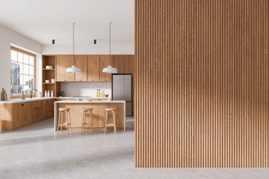 Ev mutfağı, barın içi, koltuklar, dolaplar ve buzdolabı dolu mutfak gereçleri. Minimalist yemek alanı tasarımı. New York gökdelenlerinin panoramik penceresi. Boş duvarı kopyala. 3B görüntüleme