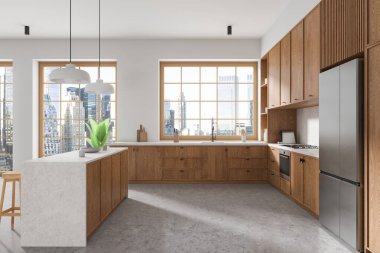 İçinde ahşap dolaplar, şehir manzaralı geniş pencereler ve merkezi bir ada bulunan modern mutfak. Beton zeminli minimalist dekor. 3B Hazırlama.