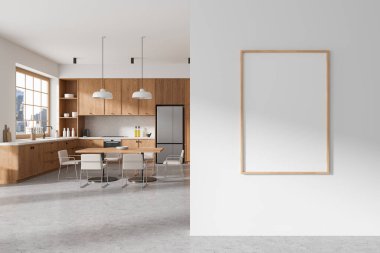 Ahşap dolapları, yemek masası ve sandalyeleri olan modern bir mutfak duvarında boş çerçeveli poster modeli. Ev dekoru kavramı. 3B Hazırlama
