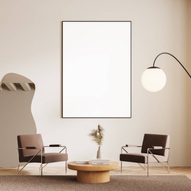 İçinde iki modern sandalye, yuvarlak bir masa ve duvarda boş çerçeveli bir poster bulunan minimalist oturma odası. Modern ev tasarımı kavramı. 3B Hazırlama