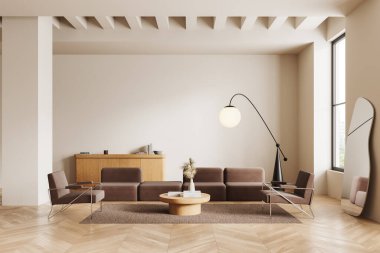 Lüks oturma odasının içinde iki koltuk ve kanepe ve ahşap zeminde halı var. Dinlenme bölgesi ve çekmece. Bangkok gökdelenlerinin panoramik penceresi. 3B görüntüleme