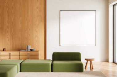 Yeşil kanepe ve ahşap döşemesi olan şık bir oturma odası. Büfe ve sanat dekorasyonlu dinlenme alanı, pencere. Kare bir tuval posteri yap. 3B görüntüleme