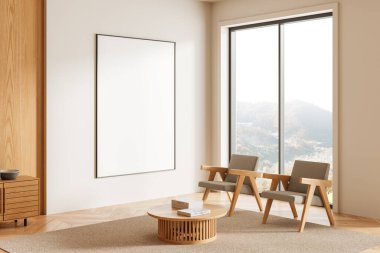 Duvarında boş çerçeveli bir poster olan modern oturma odası. Ahşap mobilyalar ve geniş bir pencere. İç dizayn şablonu. 3B Hazırlama
