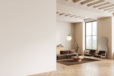 Oturma odasının içinde solunda boş bir duvar, rahat mobilyalar ve büyük bir pencere var. Doğal ışık ve ahşap döşemeli modern tasarım. Model şablonu. 3B Hazırlama