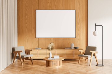 İki koltuk ve sehpası olan şık bir ev oturma odası. Büfe ve sanat dekorasyonu olan rahat bir yer. Tuvalin posterini hazırla. 3B görüntüleme