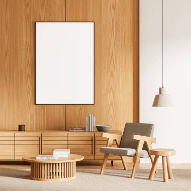Ahşap duvarında boş tuval, orta yüzyıl mobilyası ve rahat dekoruyla modern iç tasarım. Büyük bir kopya alanı olan minimalist estetik. 3B Hazırlama