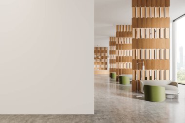 Lobide lobi alanı, kanepe ve sıra sıra ahşap bölmeli koltuklar var. İş resepsiyonu ve gökdelenlerin panoramik penceresi. Boş duvar bölmesini düzenle. 3B görüntüleme