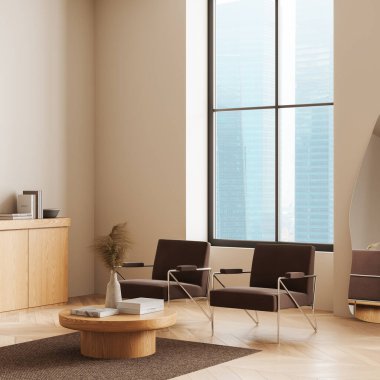 Kahverengi sandalyeleri, ahşap masası ve büyük pencereleri olan modern bir oturma odası. Açık renkli duvarlar ve zemin. Çağdaş ev tasarımı kavramı. 3B Hazırlama